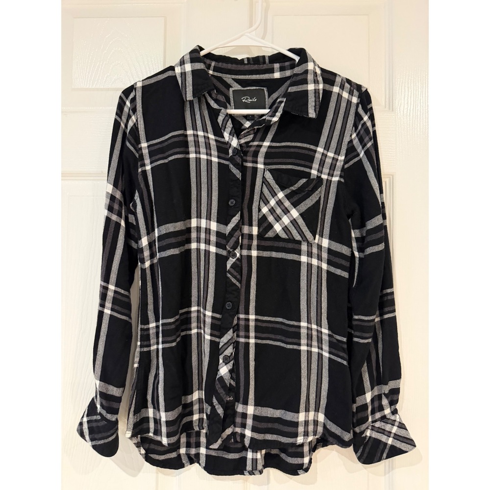 Rails Hunter Plaid Button Down Shirt Black White Grey Rayon Flannel Size S - Picture 2 of 9